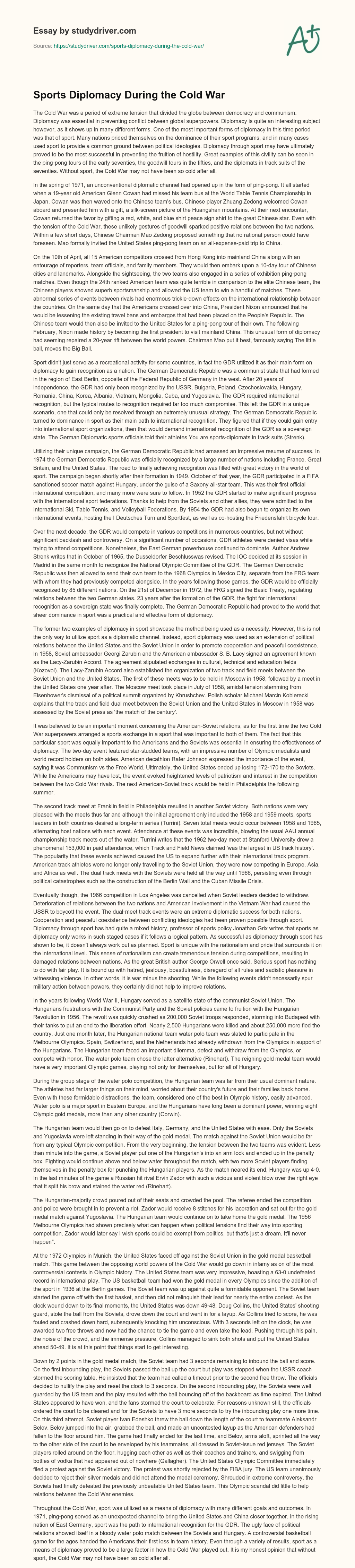 Sports Diplomacy during the Cold War essay