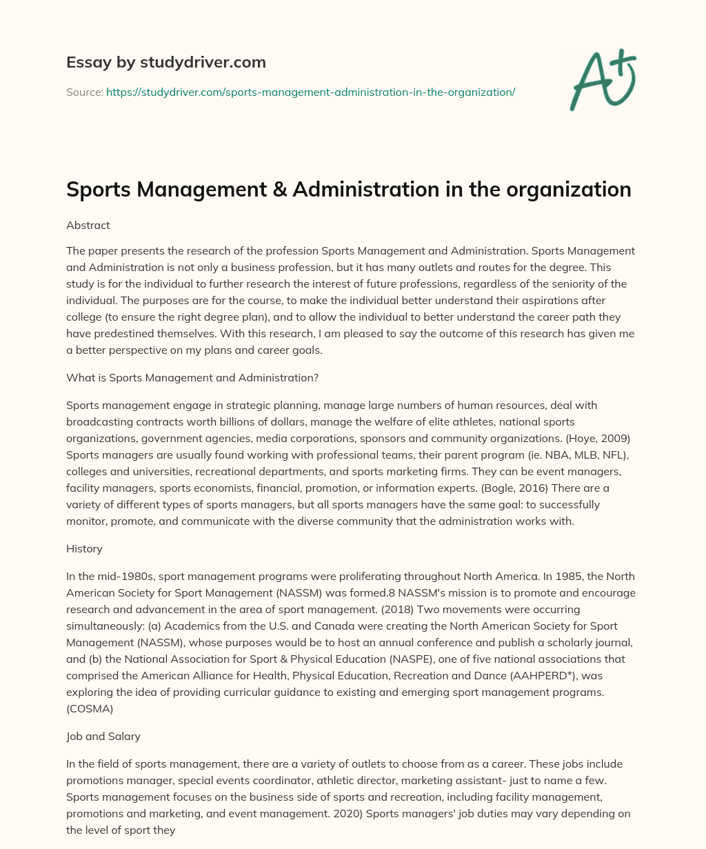 Sports Management & Administration in the Organization essay