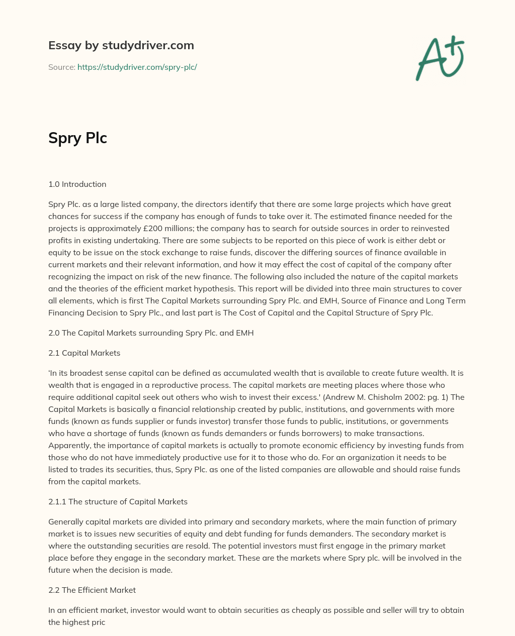 Spry Plc essay