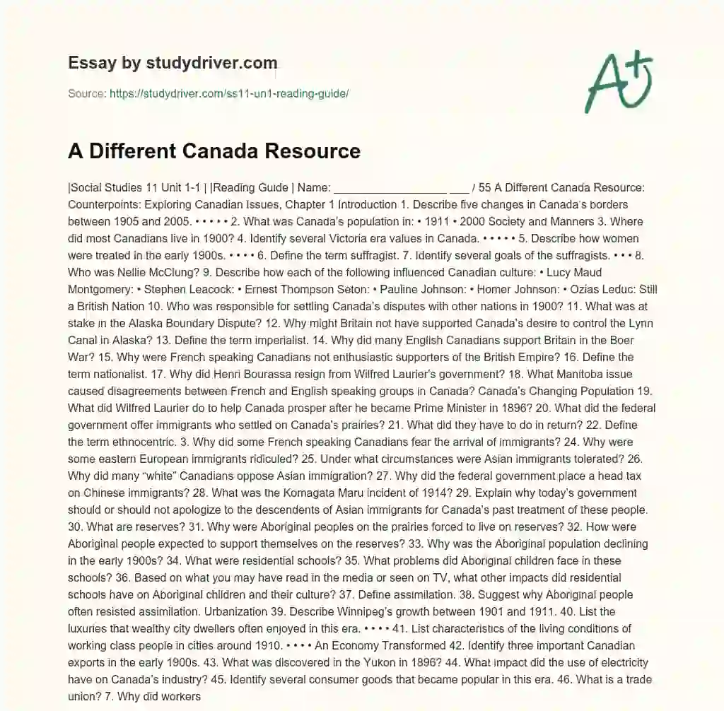 A Different Canada Resource essay