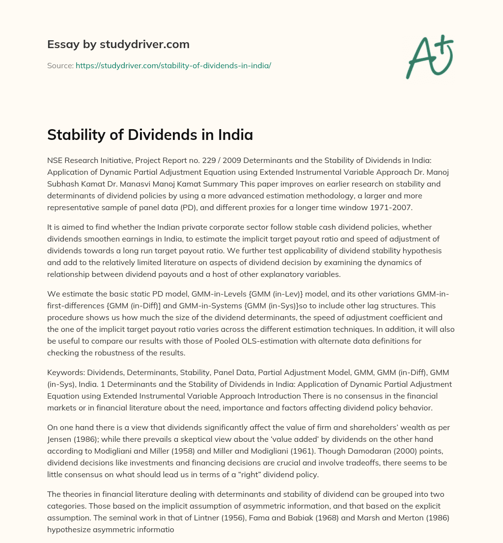 Stability of Dividends in India essay