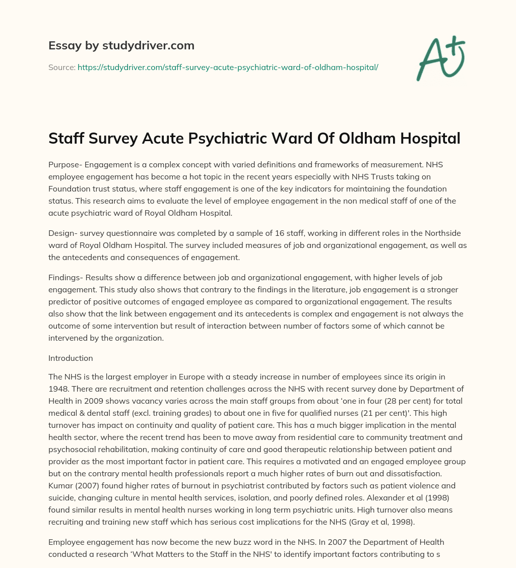 Staff Survey Acute Psychiatric Ward of Oldham Hospital essay