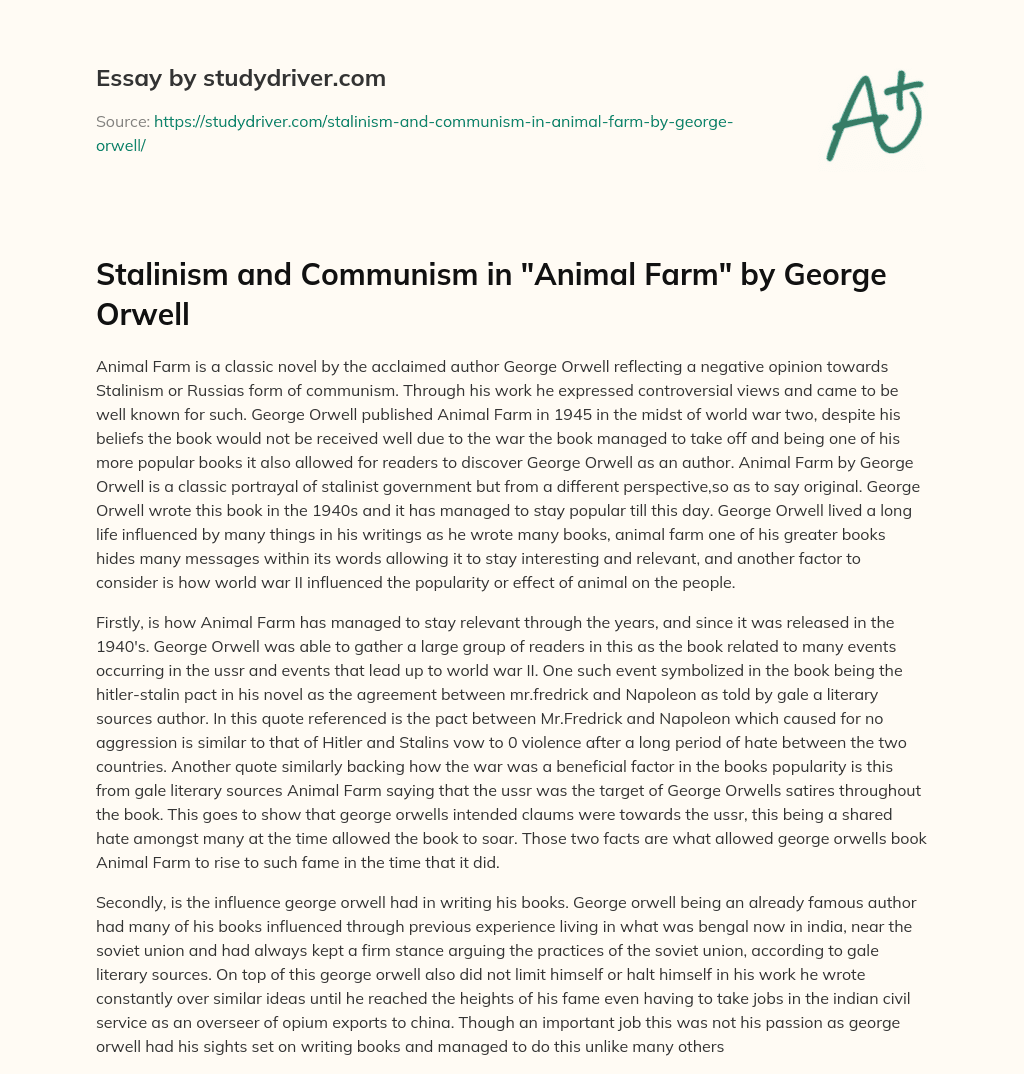 Stalinism and Communism in “Animal Farm” by George Orwell essay