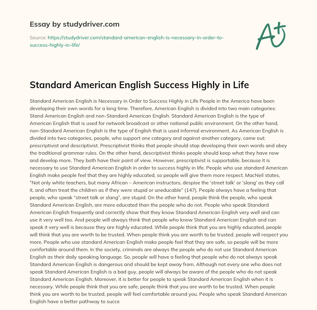 Standard American English Success Highly in Life essay