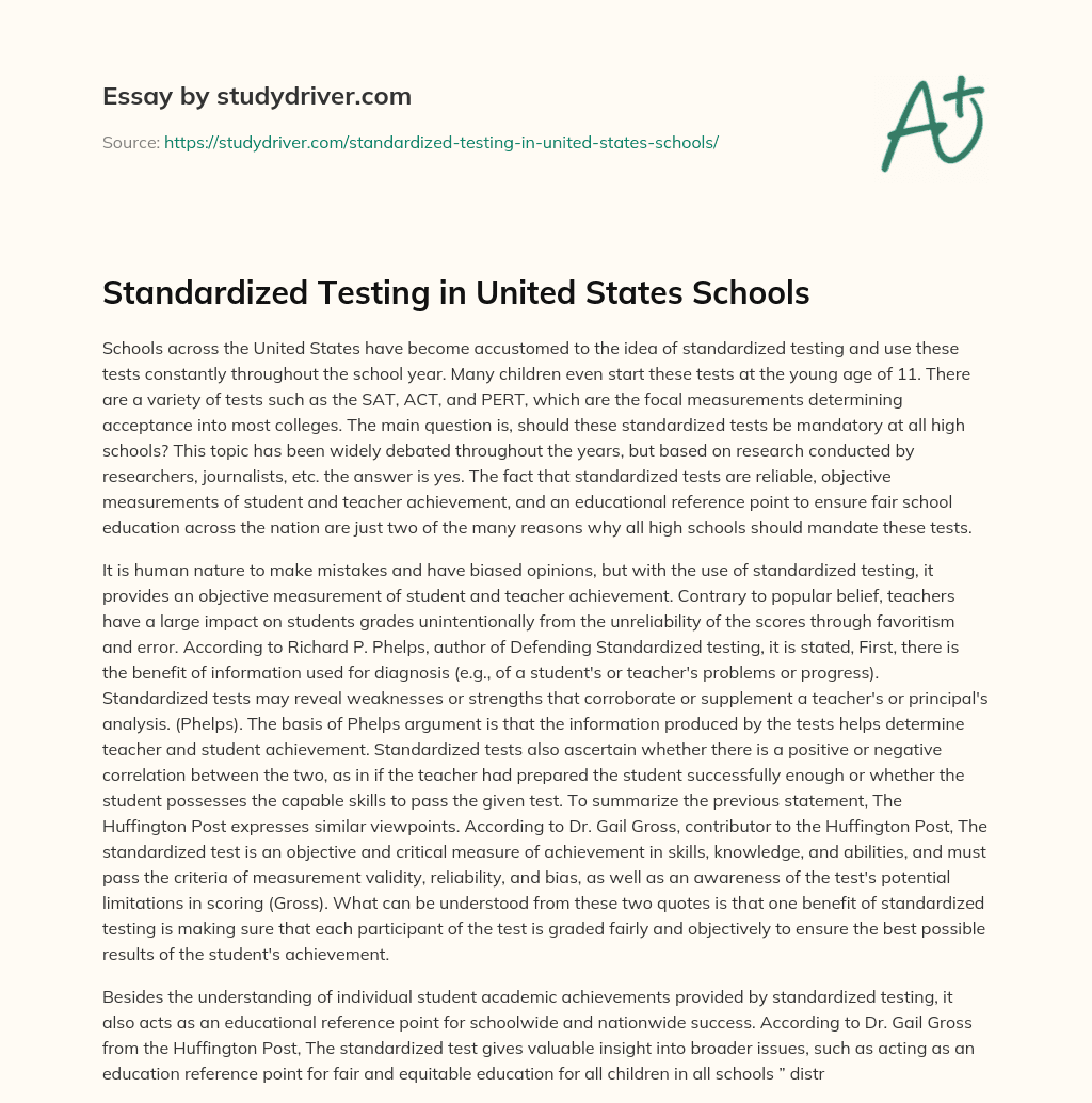 Standardized Testing in United States Schools essay