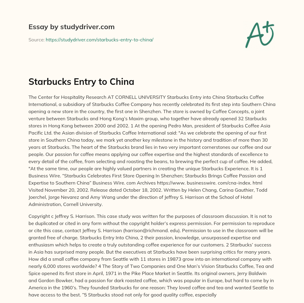 Starbucks Entry to China essay