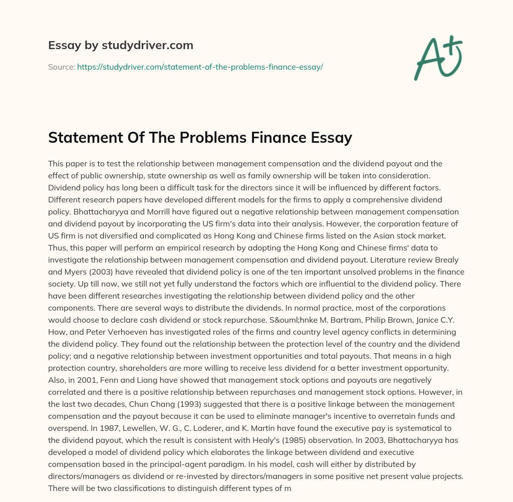 Statement of the Problems Finance Essay essay