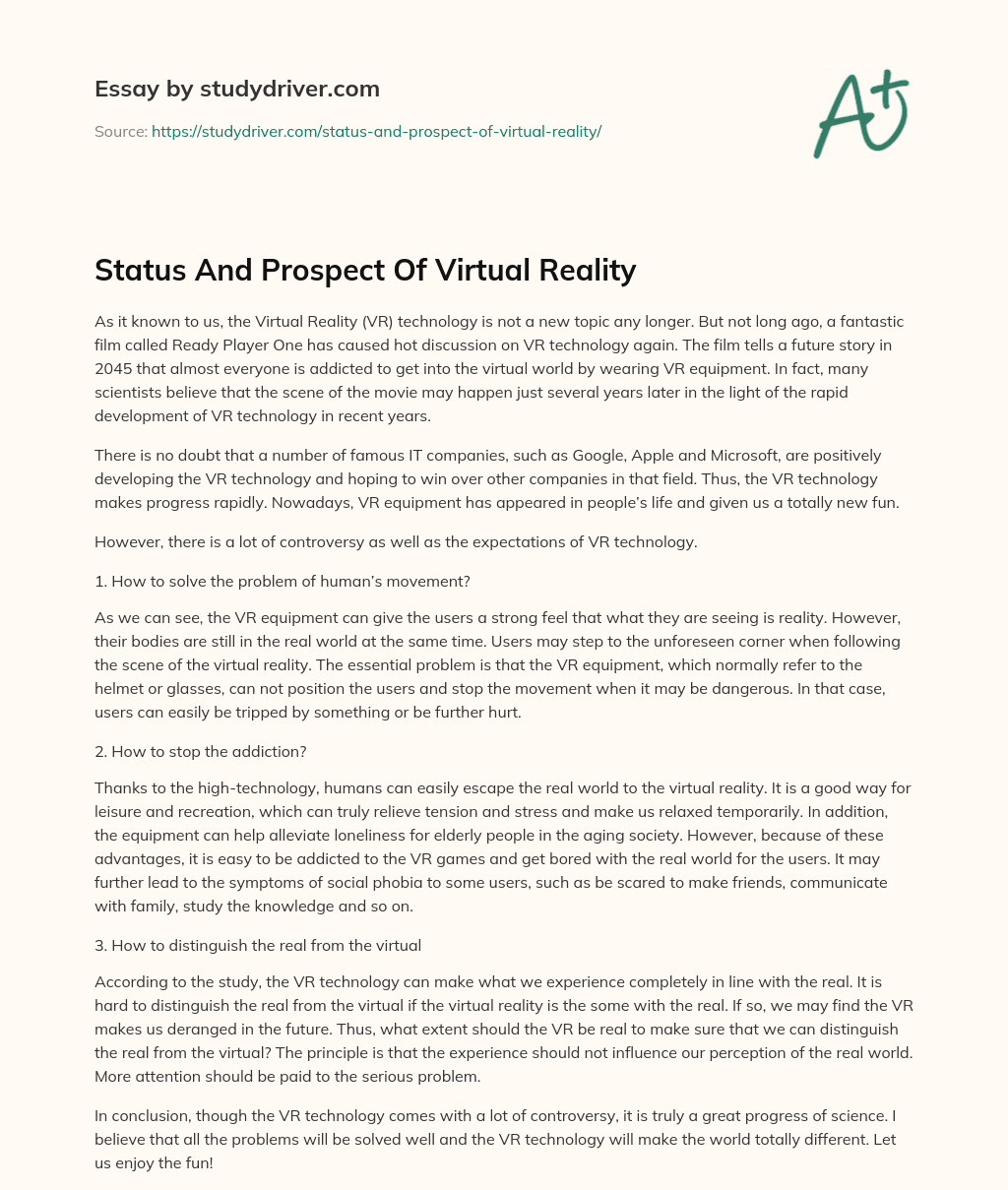 Status and Prospect of Virtual Reality essay