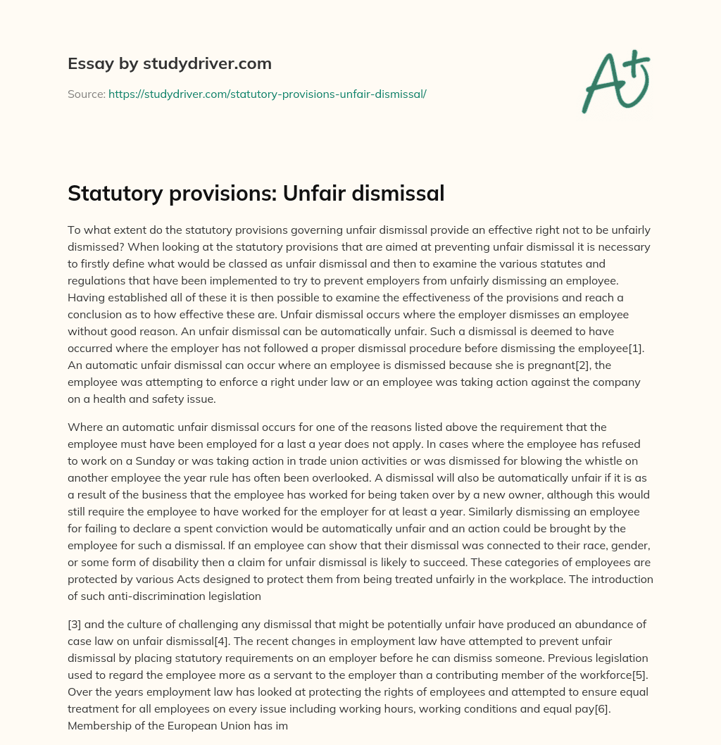 Statutory Provisions: Unfair Dismissal essay