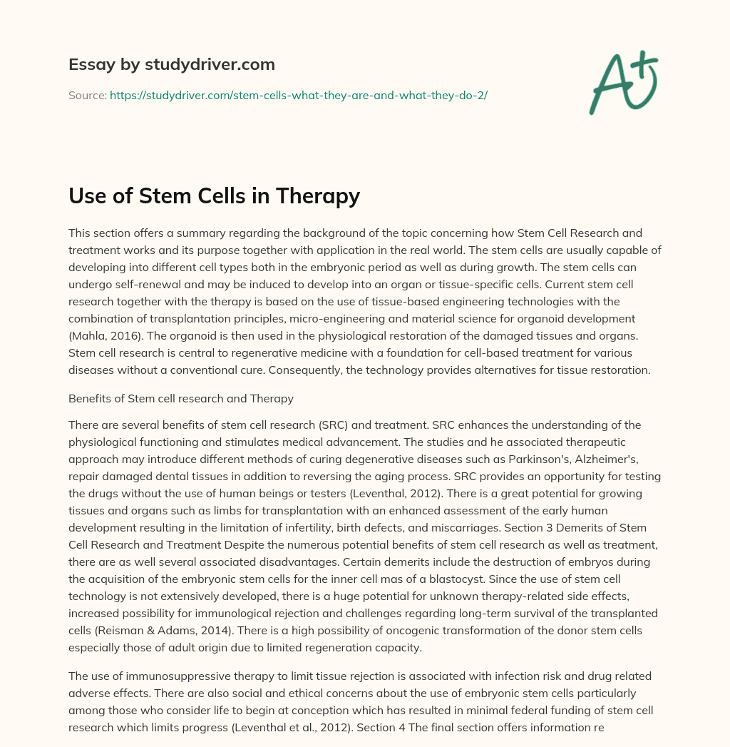 Use of Stem Cells in Therapy essay