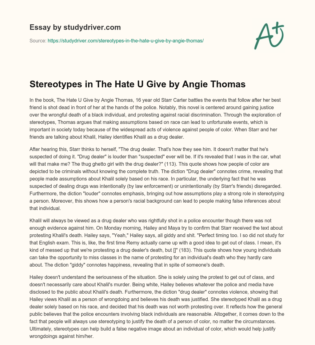 Stereotypes in the Hate U Give by Angie Thomas essay