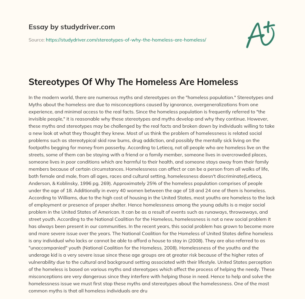 Stereotypes of why the Homeless are Homeless essay