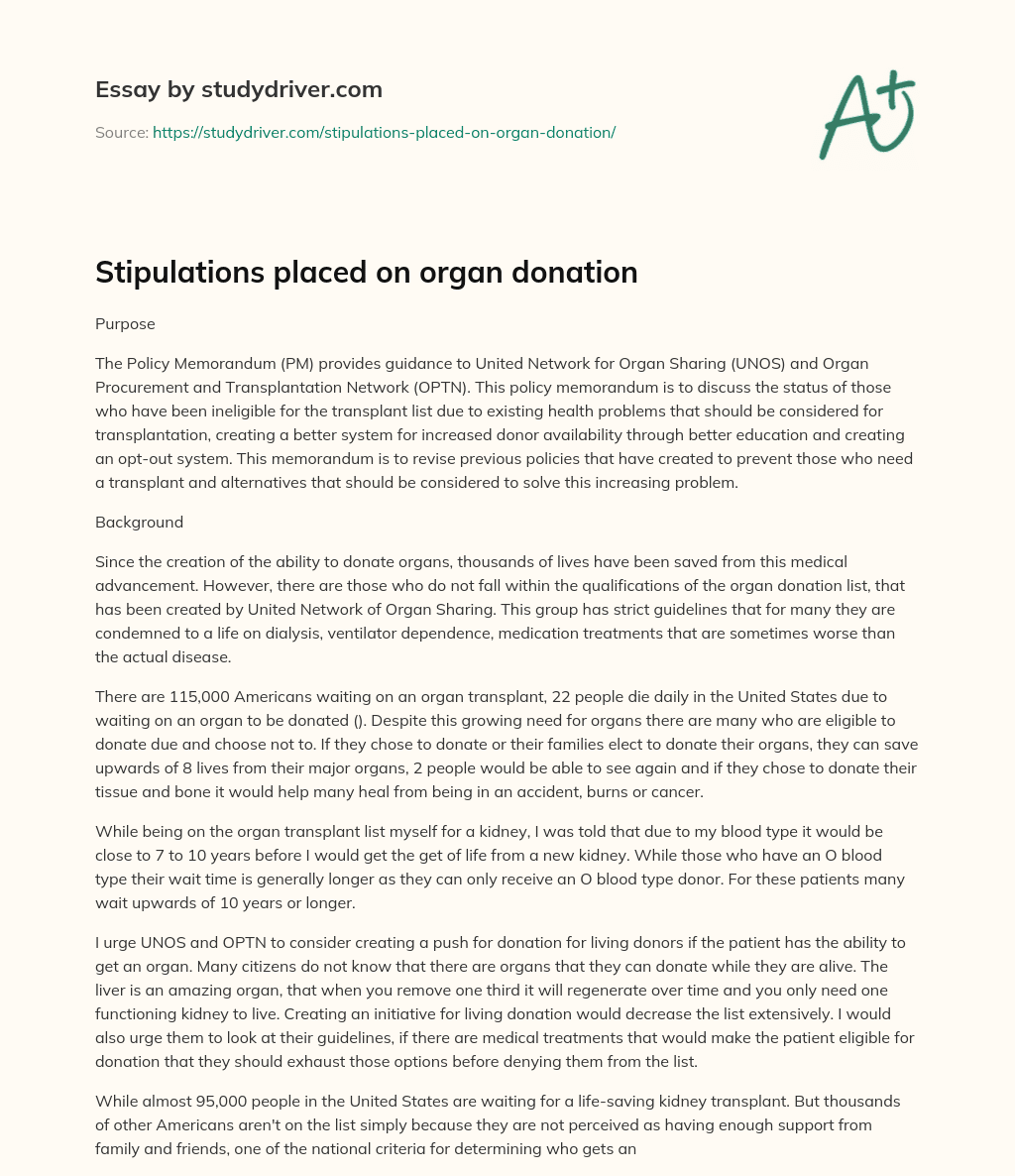 Stipulations Placed on Organ Donation essay