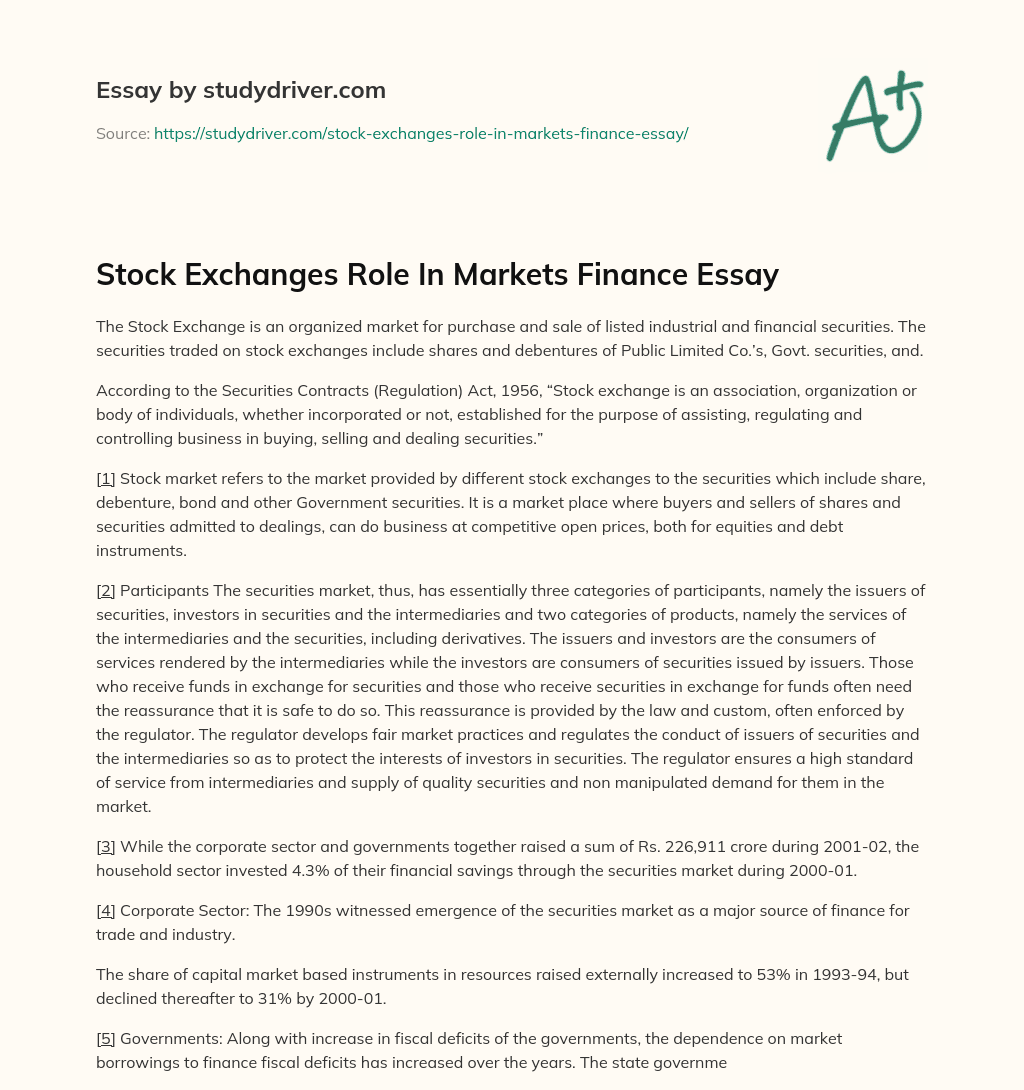Stock Exchanges Role in Markets Finance Essay essay