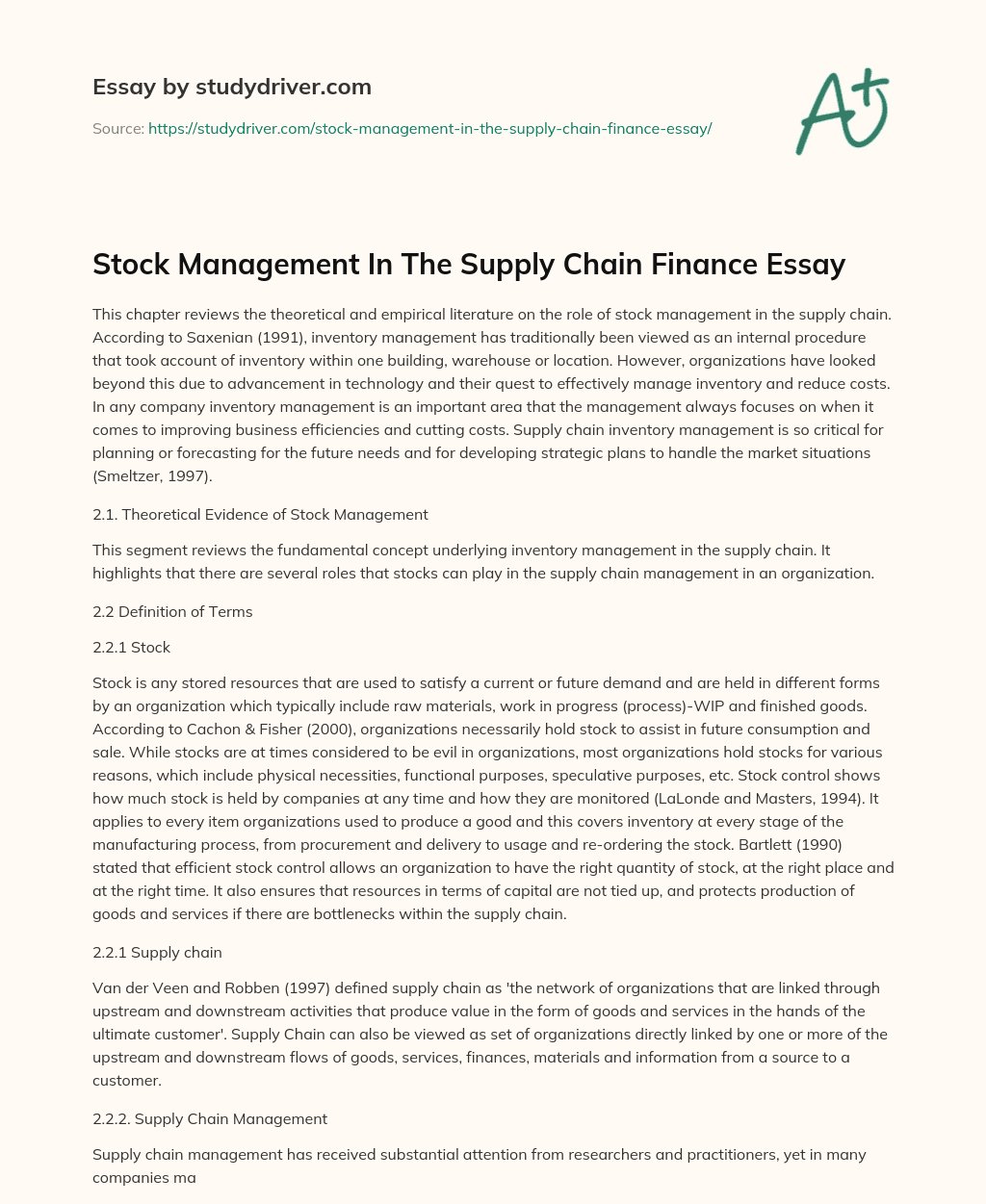 Stock Management in the Supply Chain Finance Essay essay