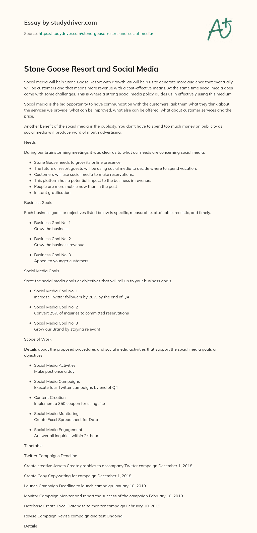 Stone Goose Resort and Social Media essay