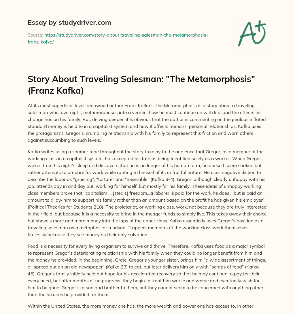 Story about Traveling Salesman: “The Metamorphosis” (Franz Kafka) essay
