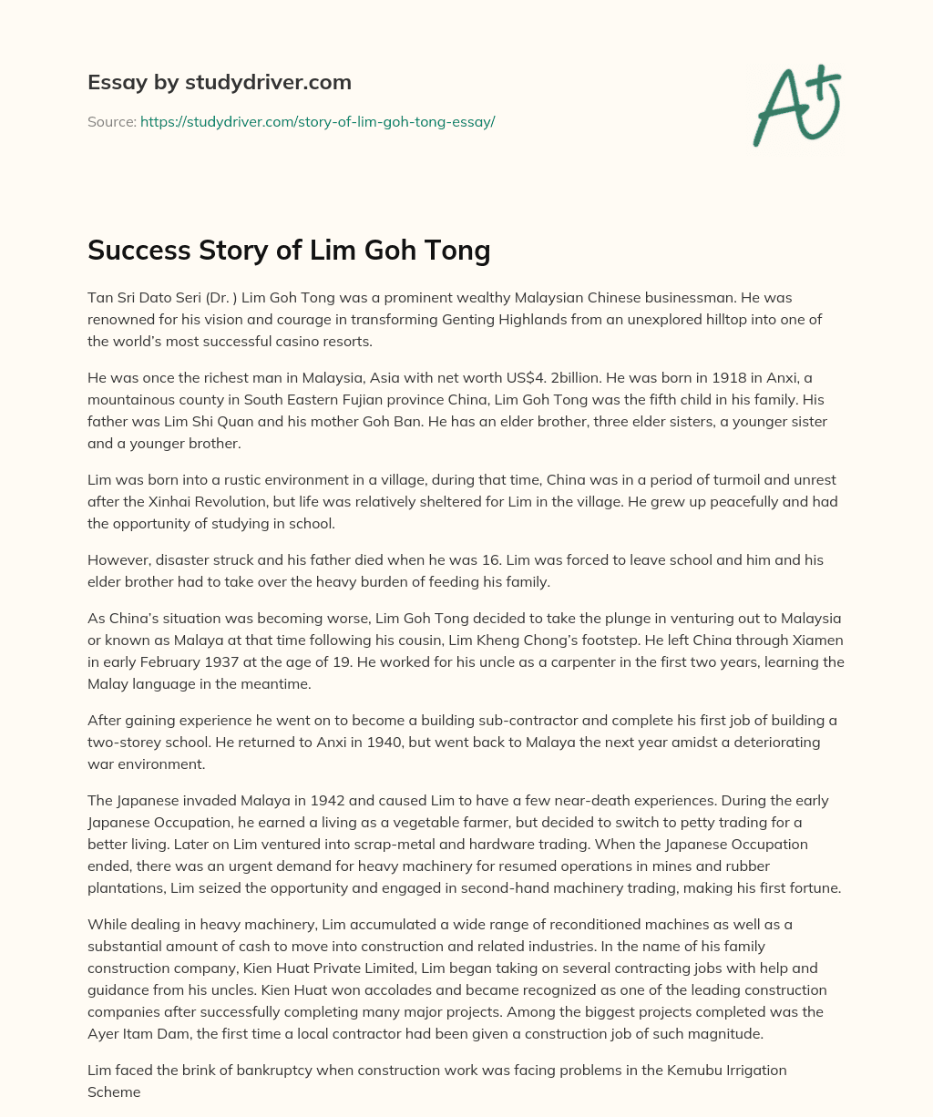 Success Story of Lim Goh Tong essay