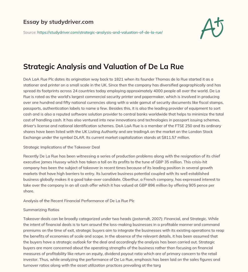 Strategic Analysis and Valuation of De La Rue essay