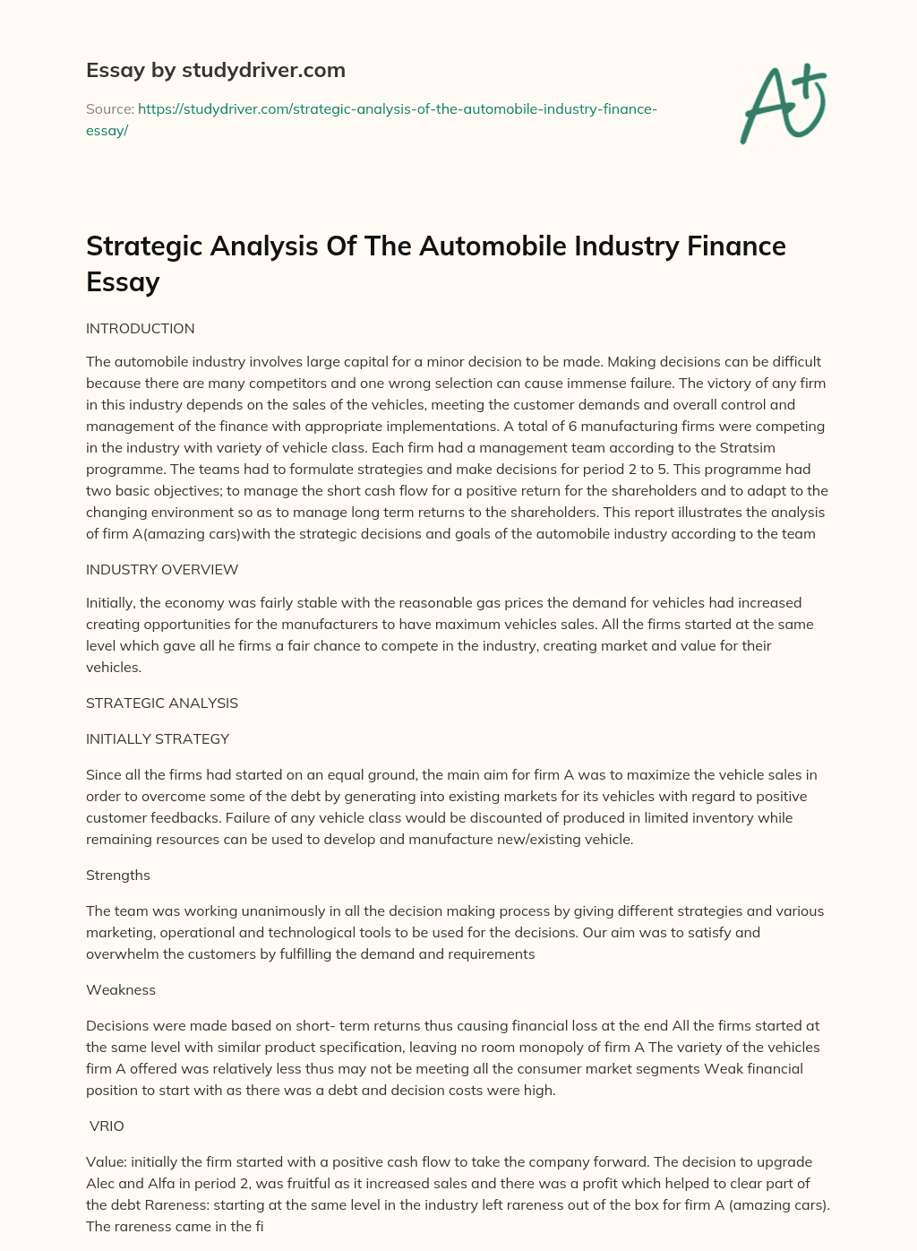 Strategic Analysis of the Automobile Industry Finance Essay essay