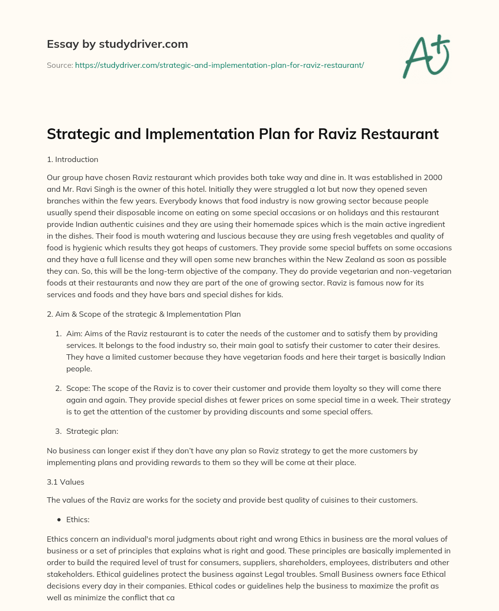 Strategic and Implementation Plan for Raviz Restaurant essay