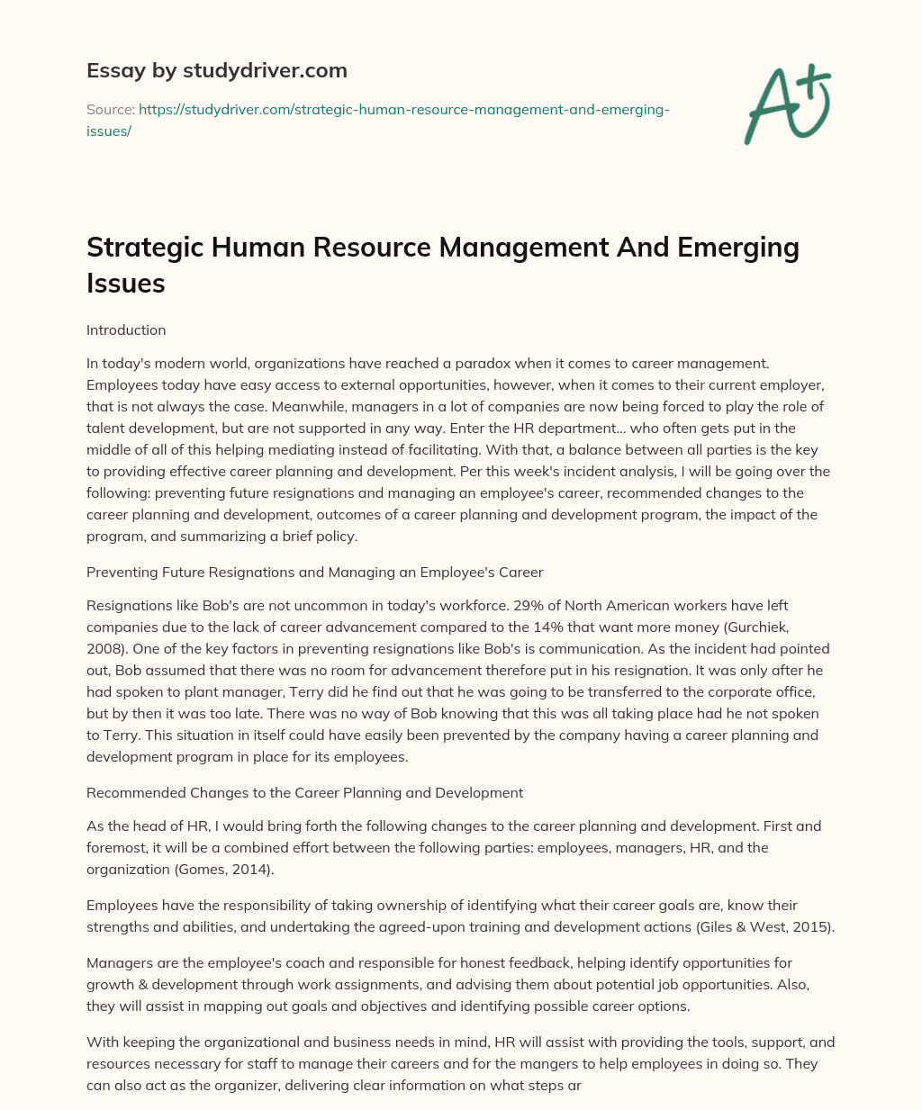 Strategic Human Resource Management and Emerging Issues essay
