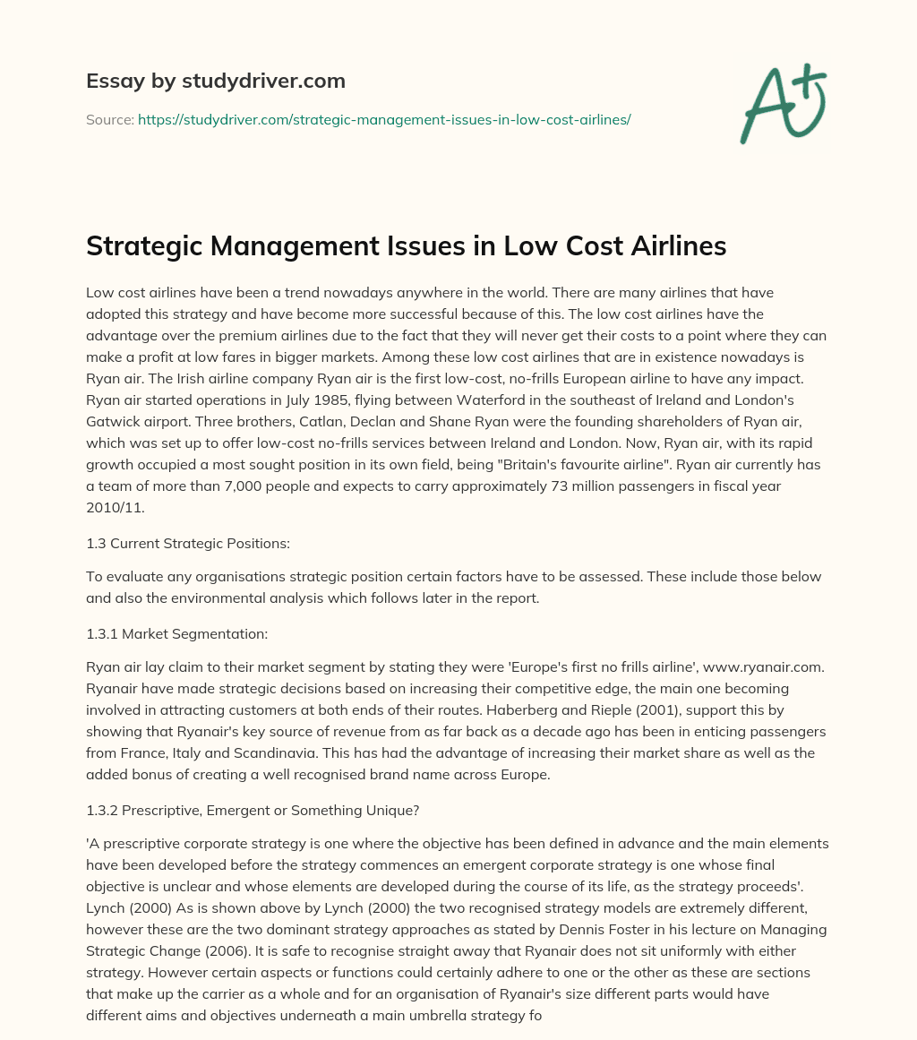 Strategic Management Issues in Low Cost Airlines essay
