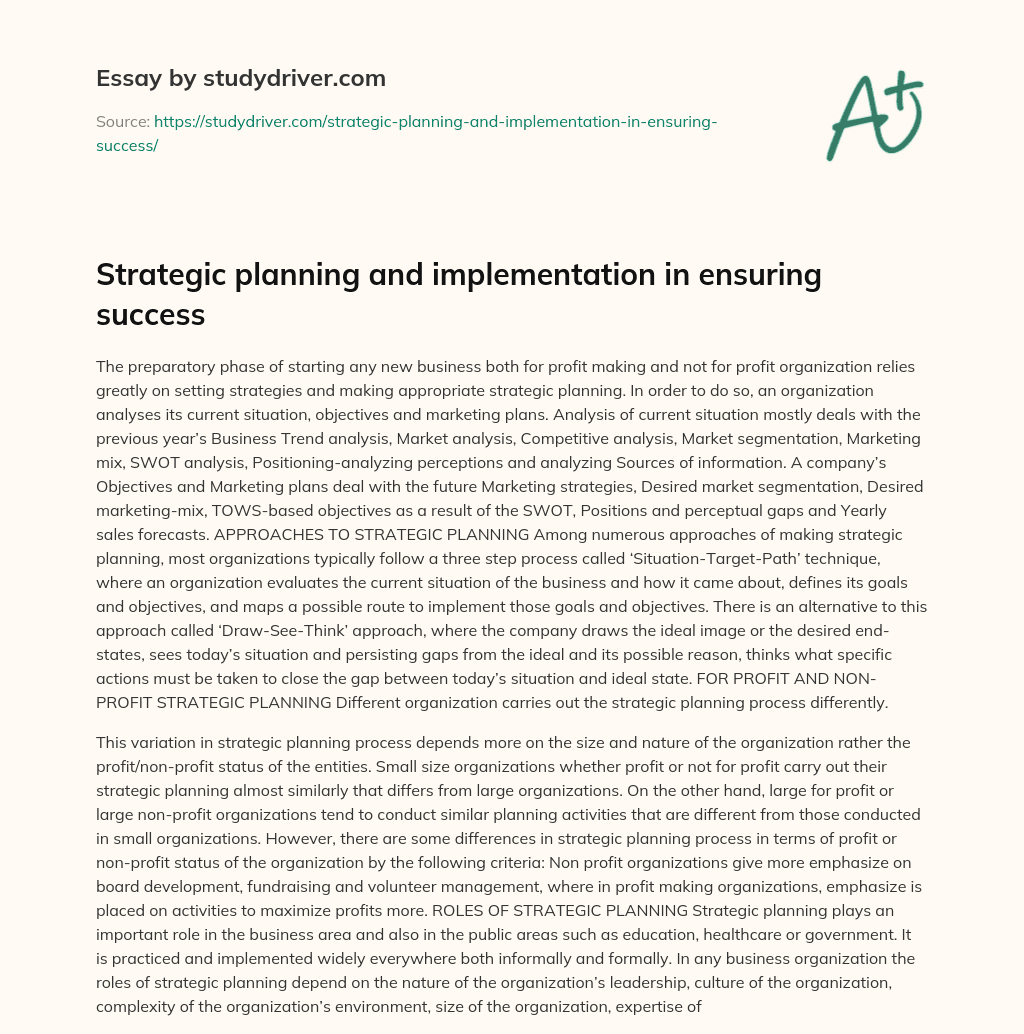Strategic Planning and Implementation in Ensuring Success essay