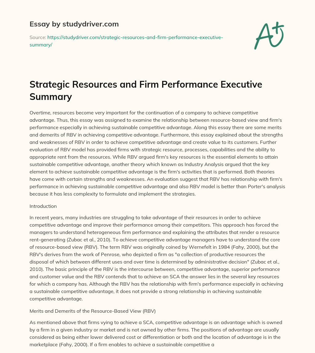 Strategic Resources and Firm Performance Executive Summary essay