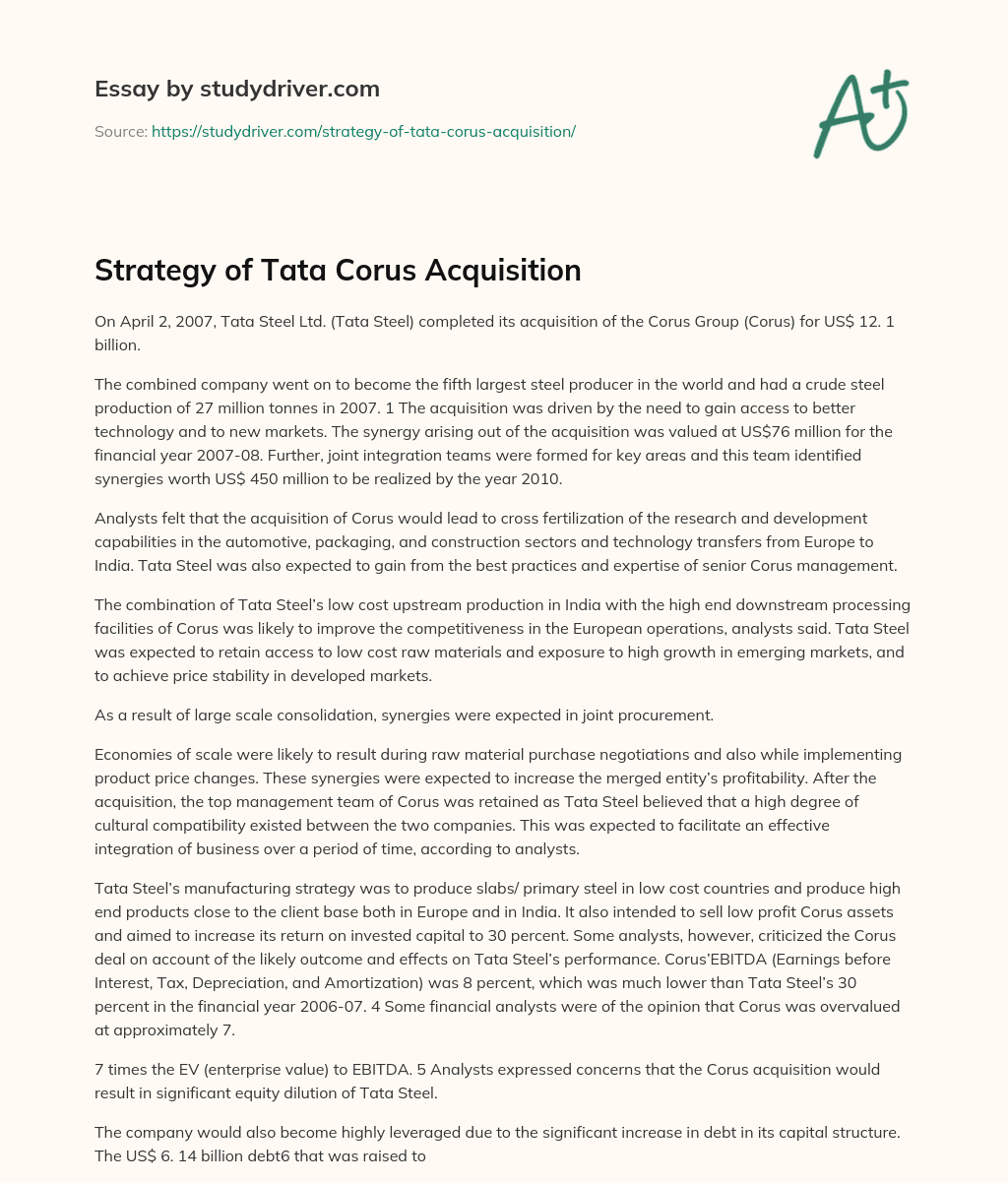 Strategy of Tata Corus Acquisition essay