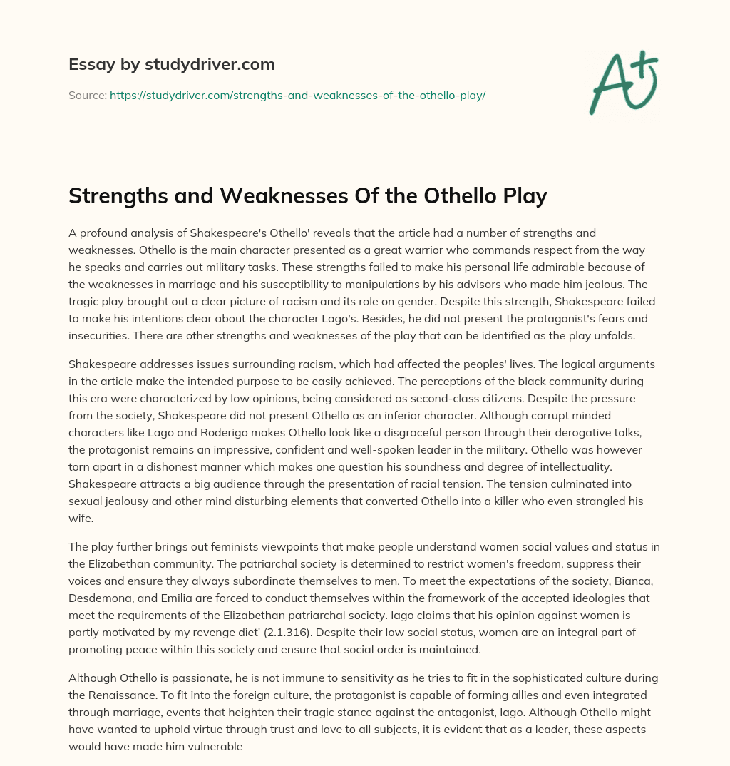 Strengths and Weaknesses of the Othello Play essay