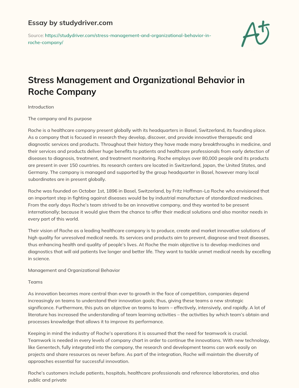 Stress Management and Organizational Behavior in Roche Company essay
