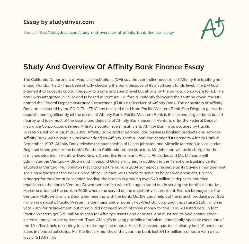 Study and Overview of Affinity Bank Finance Essay essay