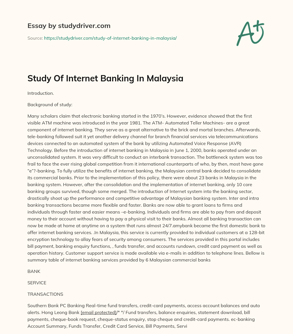 Study of Internet Banking in Malaysia essay