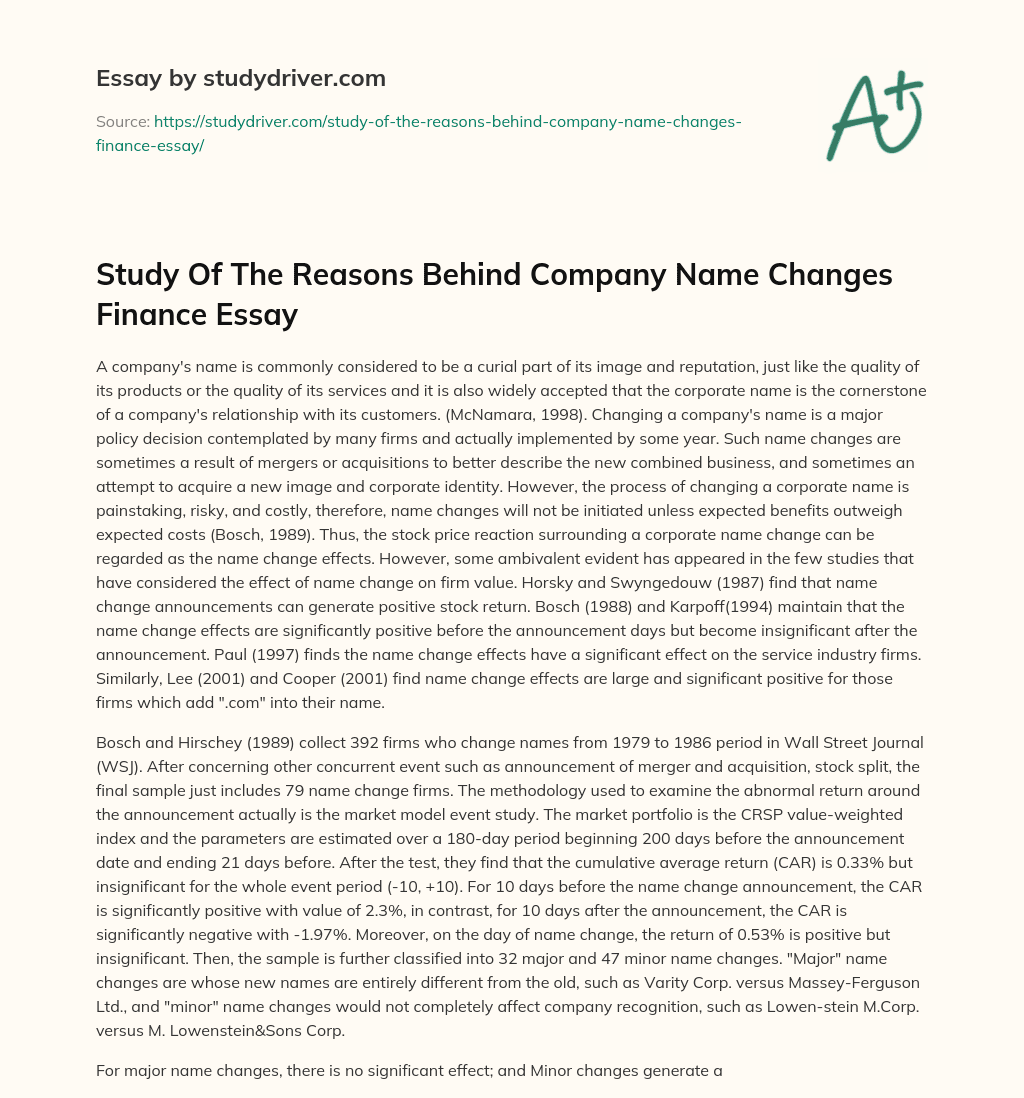 Study of the Reasons Behind Company Name Changes Finance Essay essay