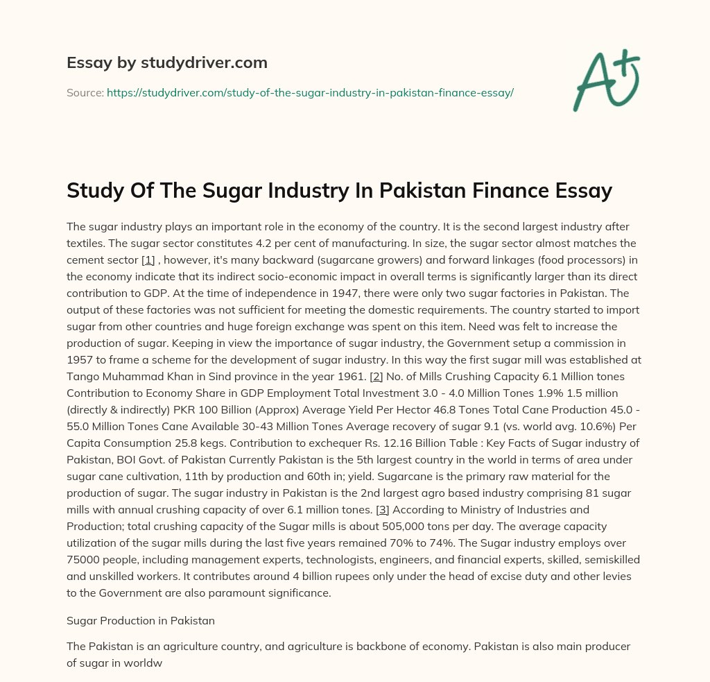 Study of the Sugar Industry in Pakistan Finance Essay essay