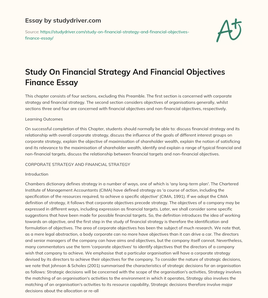 Study on Financial Strategy and Financial Objectives Finance Essay essay