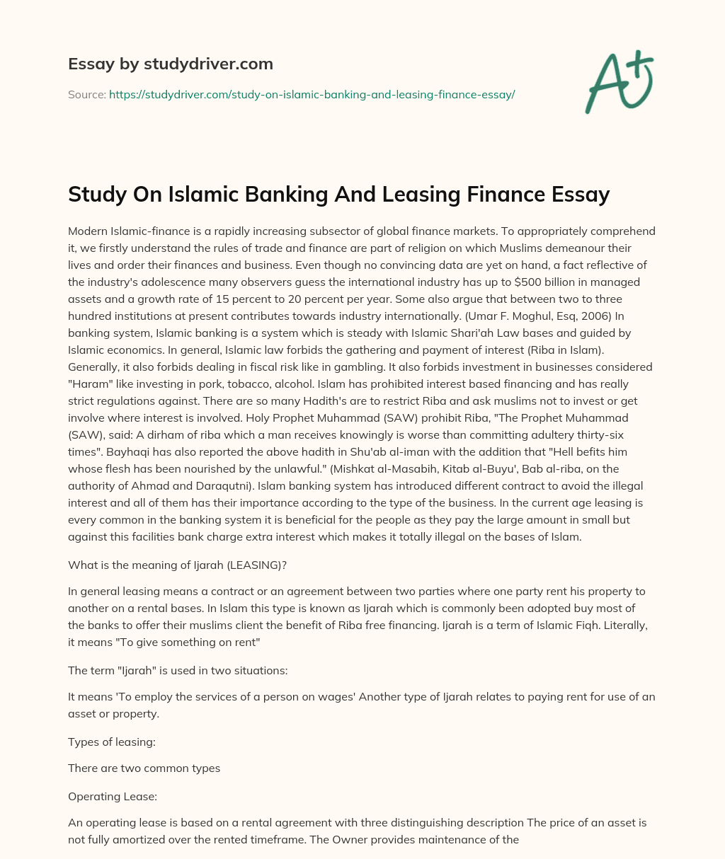 Study on Islamic Banking and Leasing Finance Essay essay