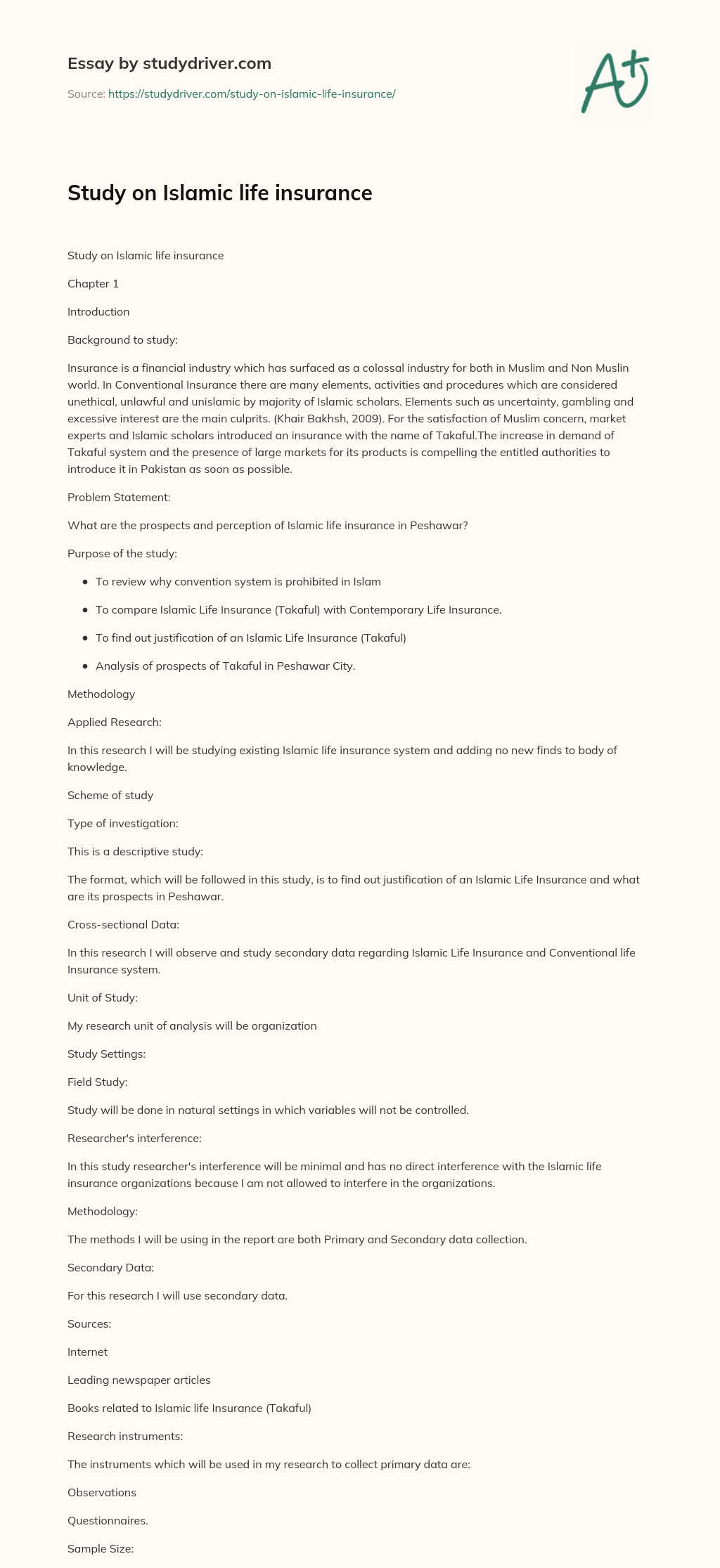 Study on Islamic Life Insurance essay