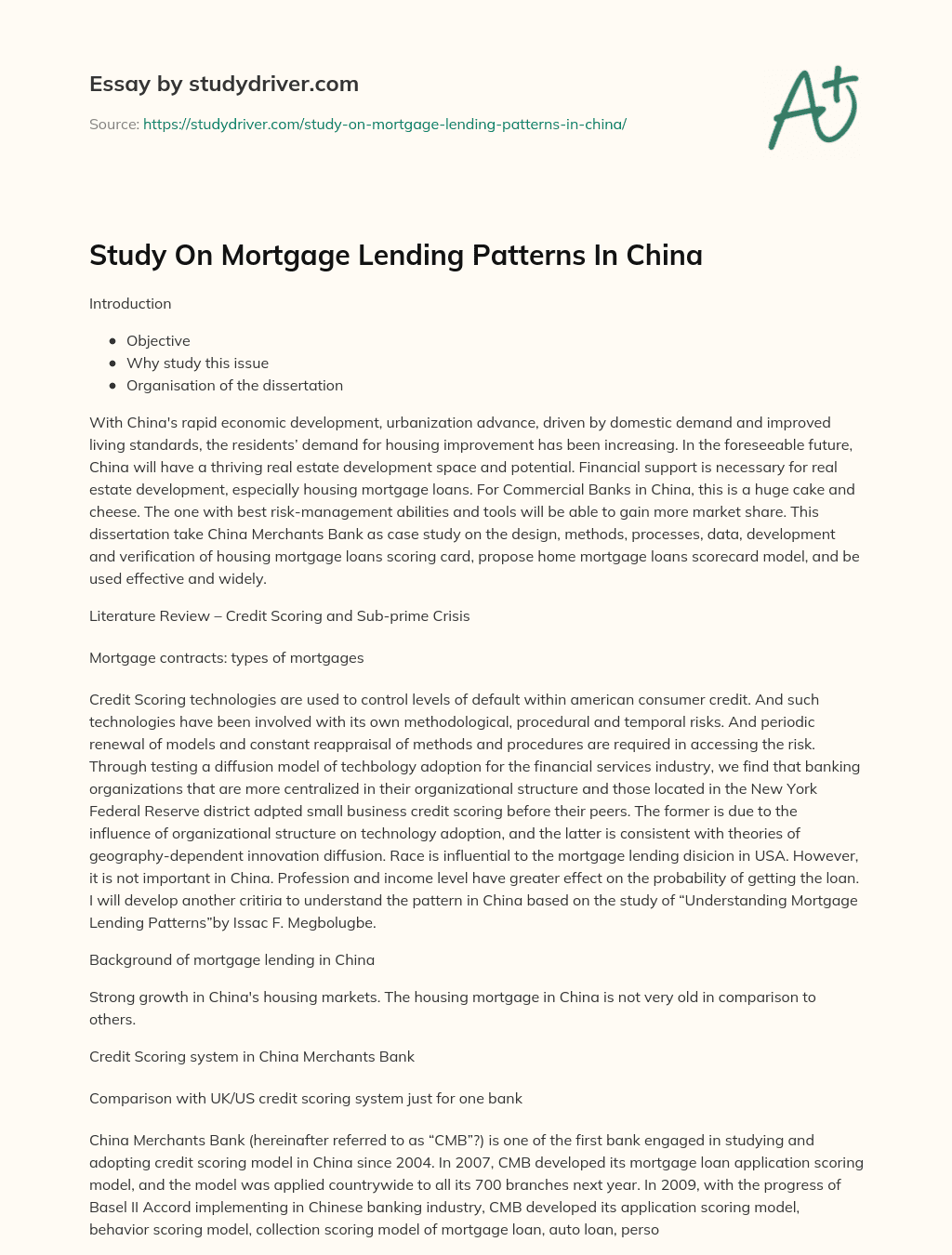 Study on Mortgage Lending Patterns in China essay