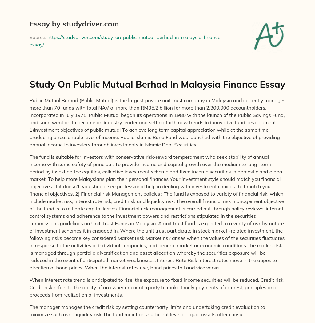 Study on Public Mutual Berhad in Malaysia Finance Essay essay