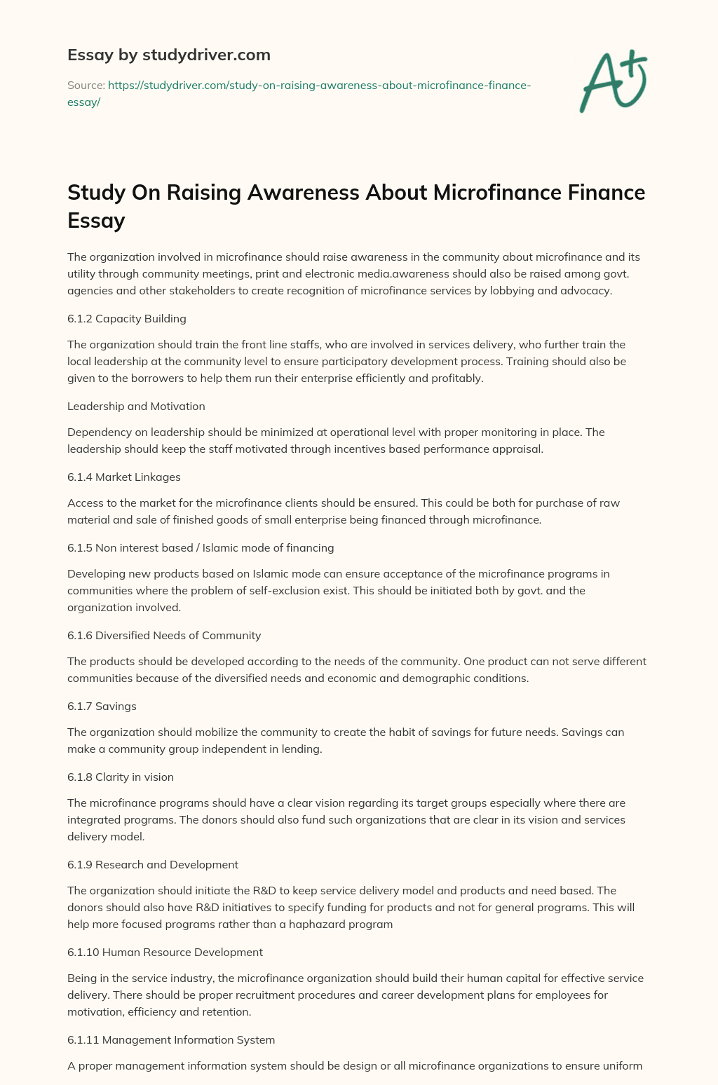 Study on Raising Awareness about Microfinance Finance Essay essay