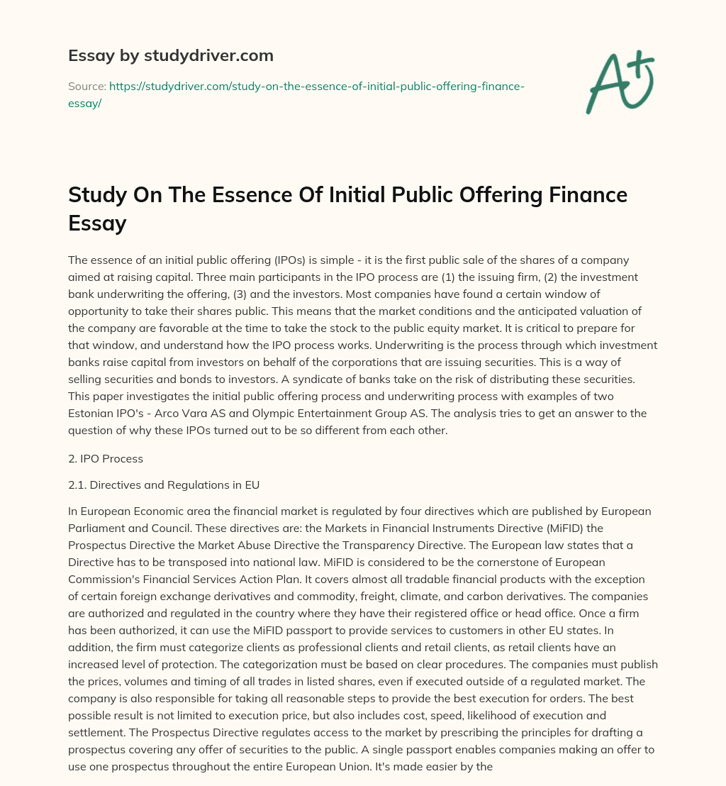 Study on the Essence of Initial Public Offering Finance Essay essay