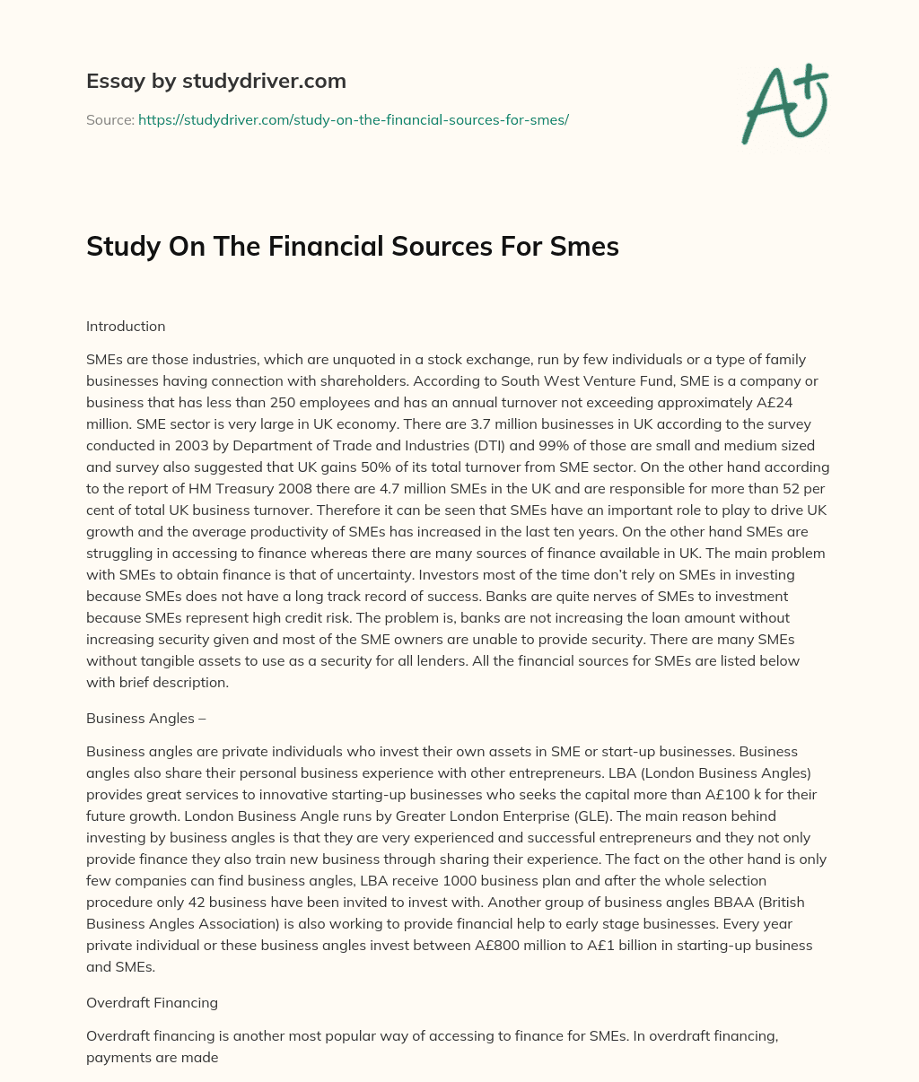 Study on the Financial Sources for Smes essay