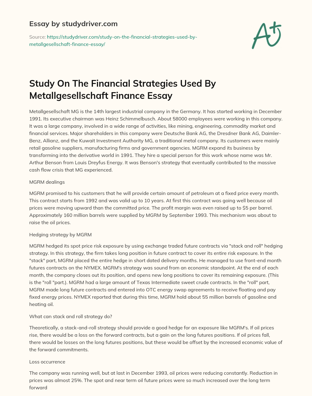 Study on the Financial Strategies Used by Metallgesellschaft Finance Essay essay