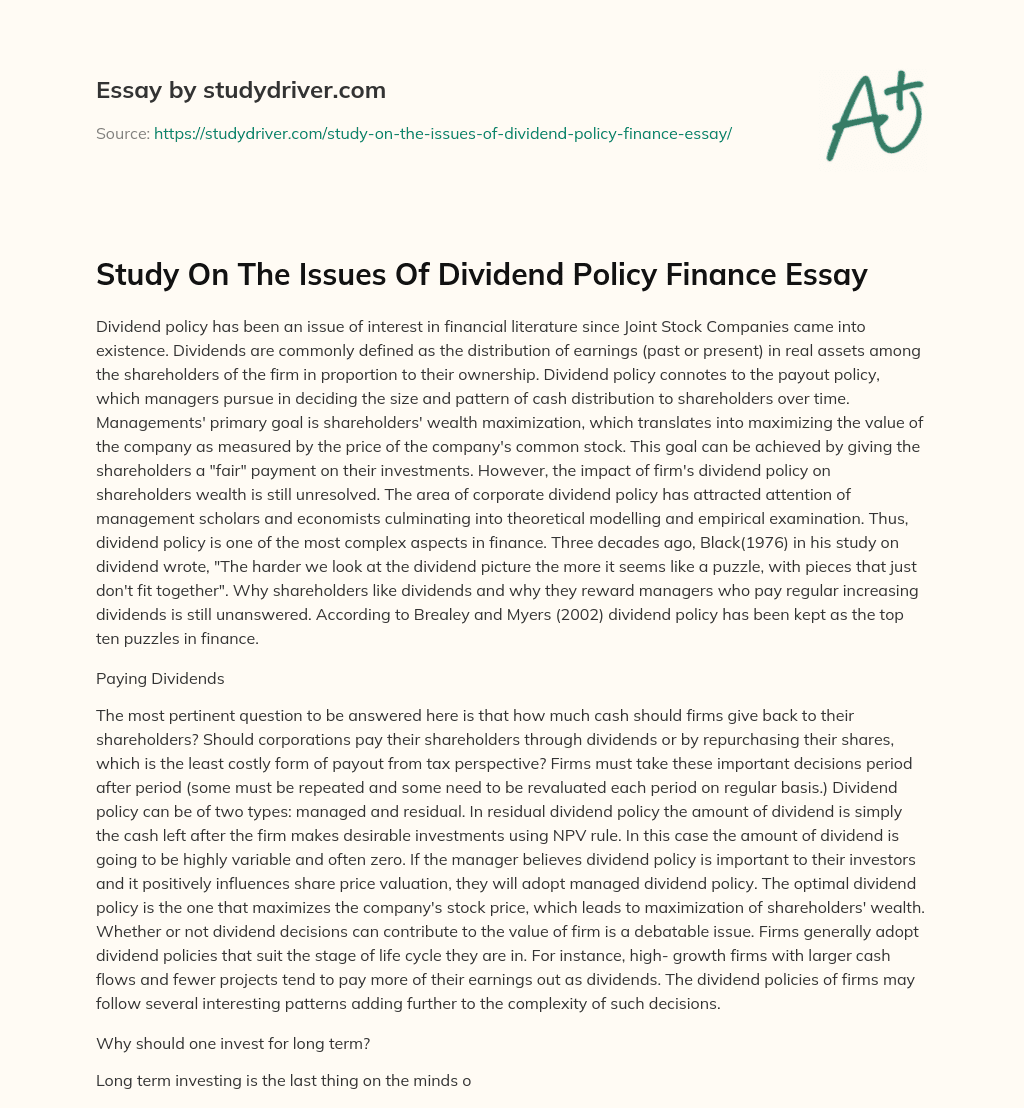 Study on the Issues of Dividend Policy Finance Essay essay