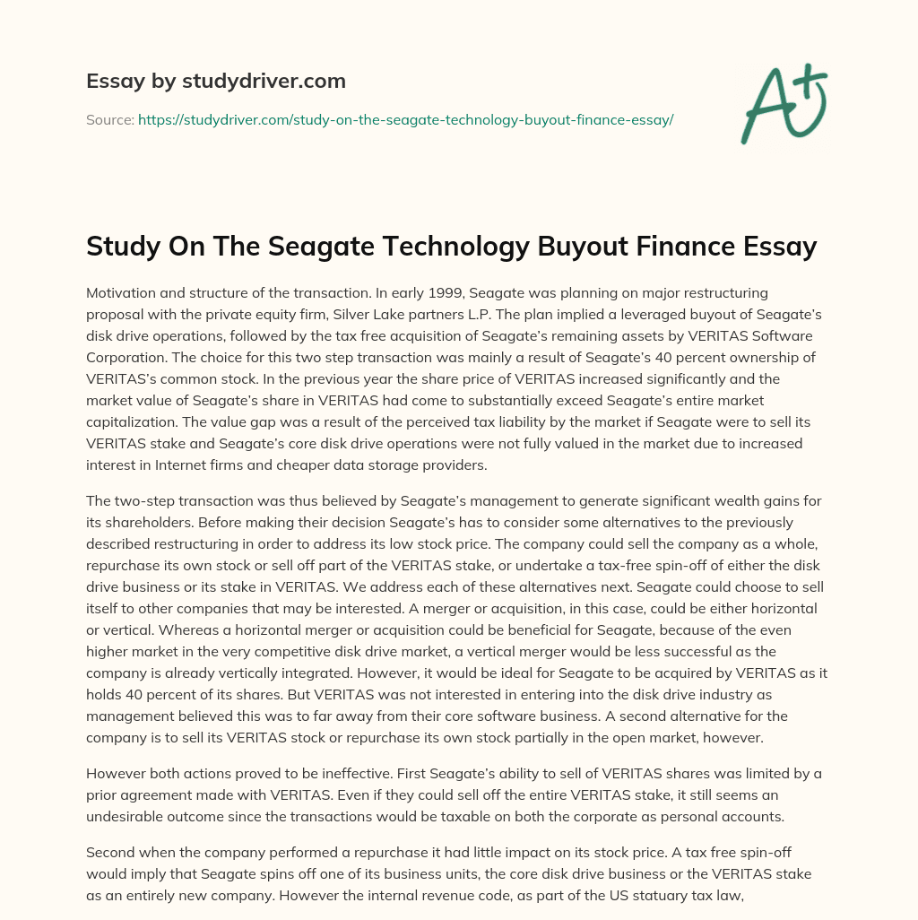 Study on the Seagate Technology Buyout Finance Essay essay