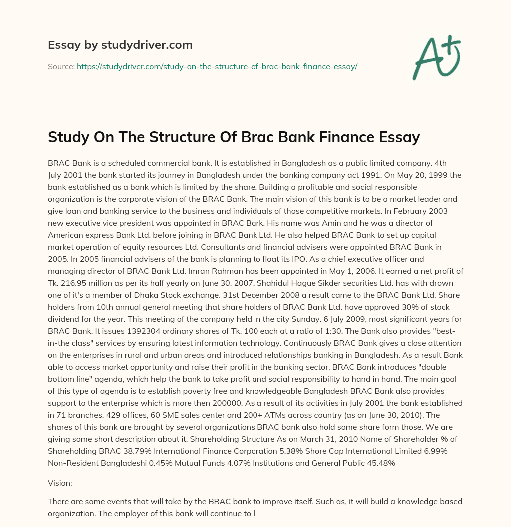 Study on the Structure of Brac Bank Finance Essay essay