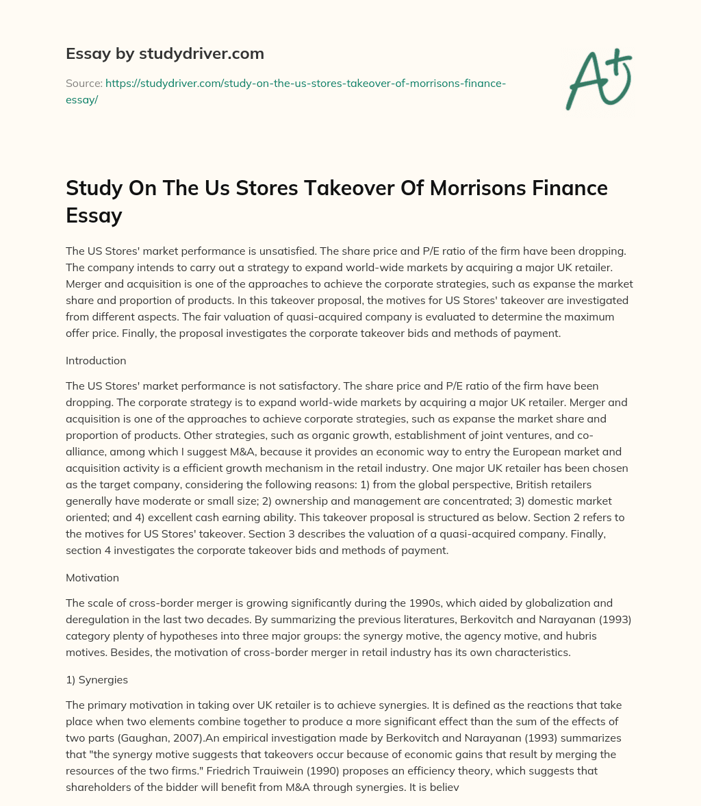 Study on the Us Stores Takeover of Morrisons Finance Essay essay
