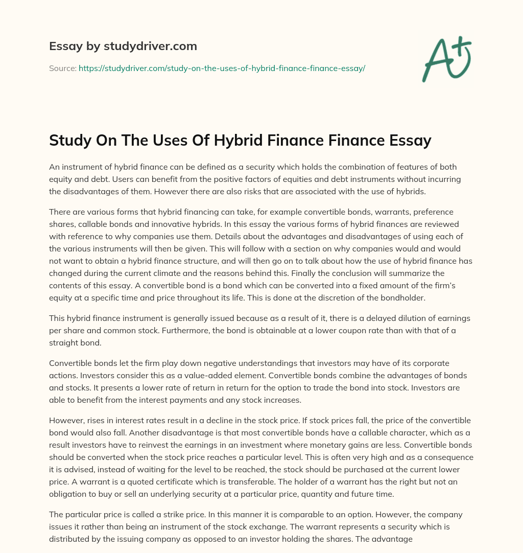 Study on the Uses of Hybrid Finance Finance Essay essay